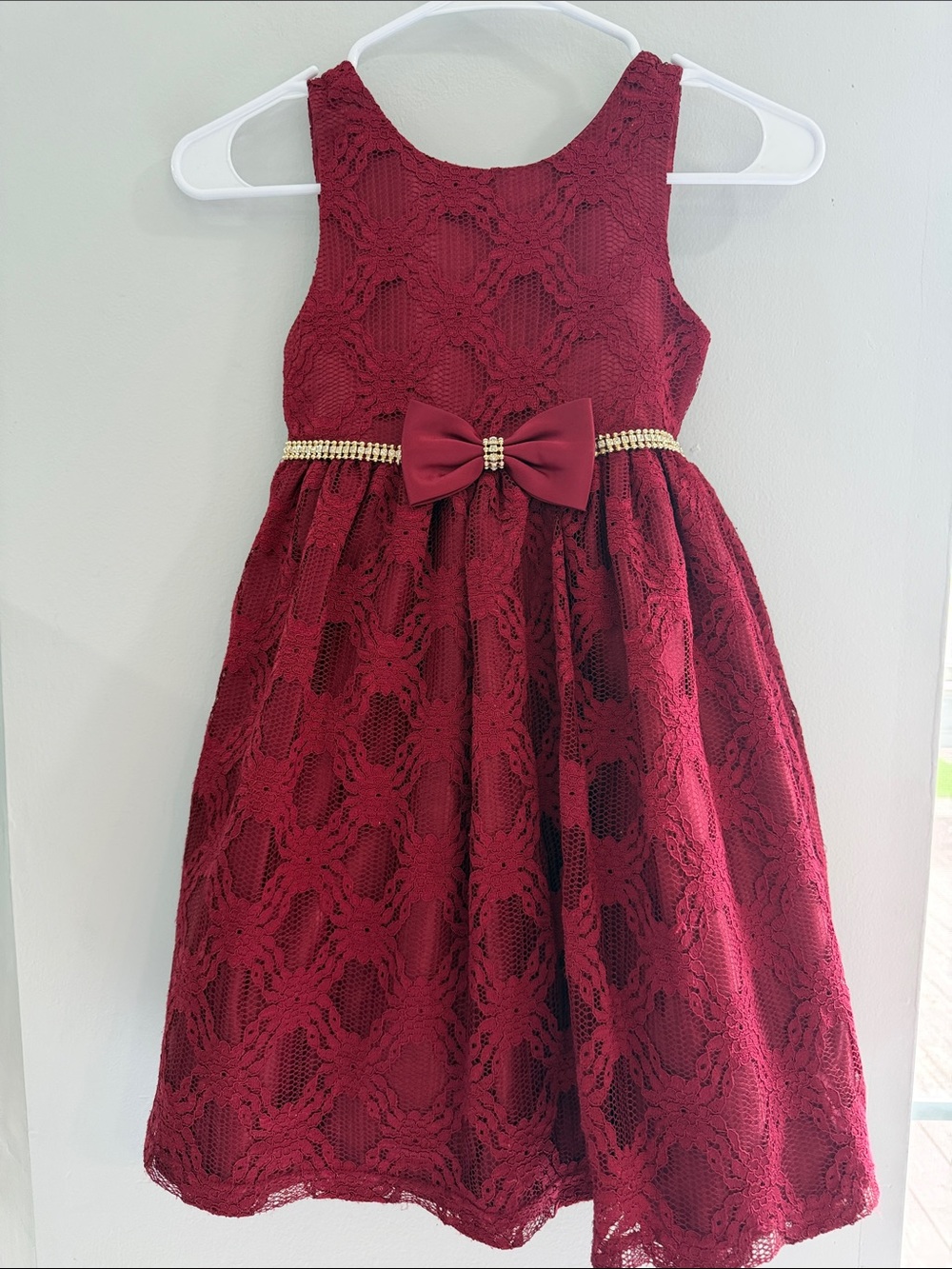 American Princess Burgundy Lace Dress with Jeweled Bow